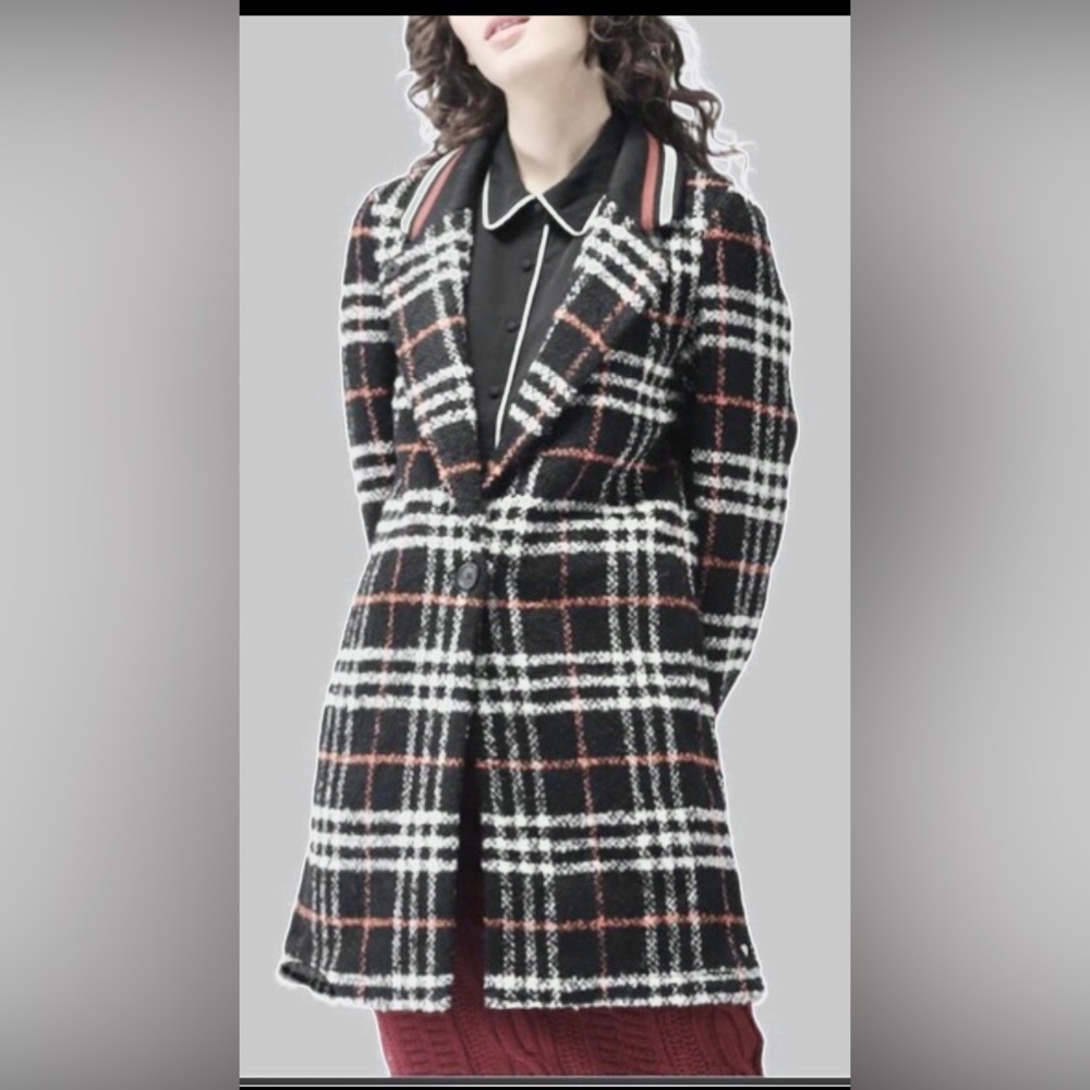 Scotch and Soda Maison Coat Fitted Wool Tweed Black & White Windowpane size XS
